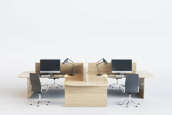 Creative Coworking Office Interior Wooden Furniture Computer Monitors Empty Mock — Stock Photo, Image