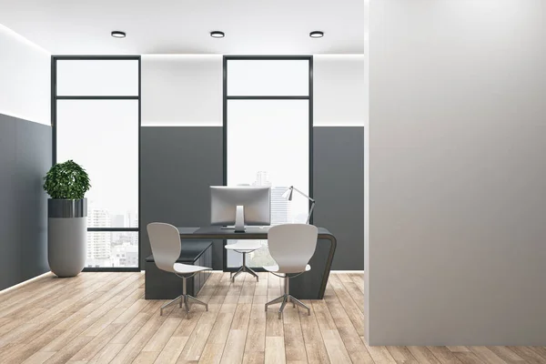 Moderní Kancelářský Interiér Prázdným Bílým Modelem Nábytkem Dřevěnou Podlahou Oknem — Stock fotografie