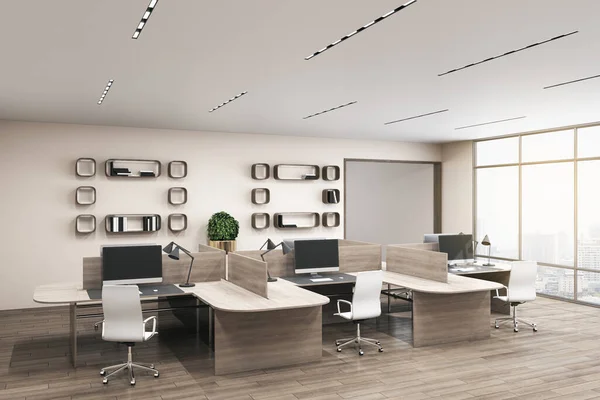 Moderne Büroeinrichtung Mit Holzmöbeln Ausstattung Fenster Mit Blick Auf Die — Stockfoto