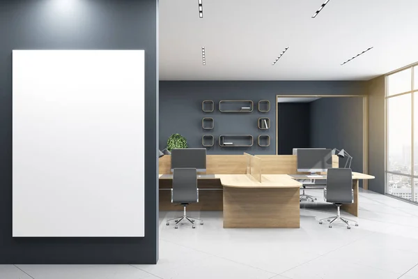 Interior Escritório Moderno Com Móveis Madeira Branco Vazio Simular Quadro — Fotografia de Stock