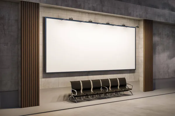 夜の席と建物の外観に空白の白い看板のバナー 商業的概念 モックアップ 3Dレンダリング — ストック写真
