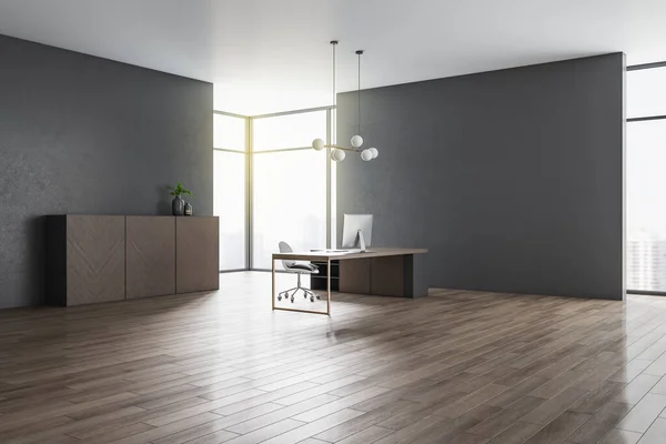 Contemporary Concrete Office Interior Wooden Flooring Panoramic Bright City View — Stock Photo, Image