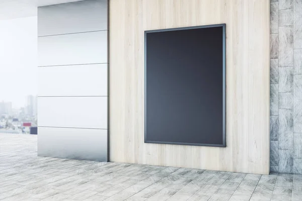 抽象内饰 城市视野模糊 空旷的木制黑色正方形在混凝土墙面和地板上挂起横幅 展览概念 3D渲染 — 图库照片
