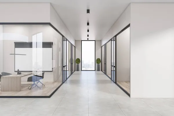 Contemporâneo Concreto Escritório Madeira Corredor Interior Com Divisória Vidro Mobiliário — Fotografia de Stock