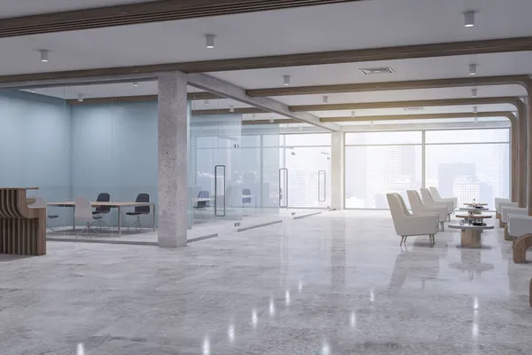 现代玻璃办公室内部有窗户和城市景观 接待处和混凝土地板 大厅的概念 3D渲染 — 图库照片