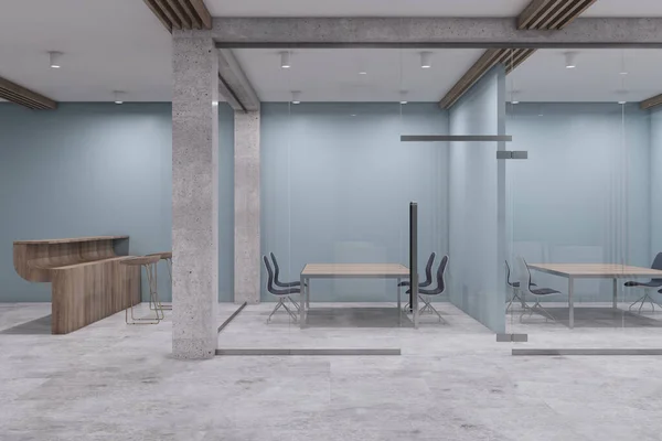 Moderna Oficina Cristal Con Recepción Suelos Hormigón Muebles Concepto Lugar —  Fotos de Stock