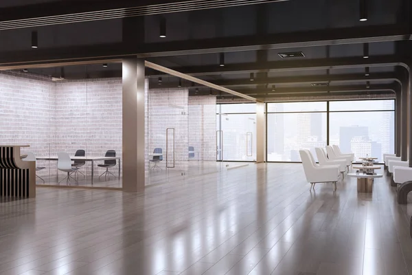 Moderno Interior Oficina Cristal Con Ventanas Vistas Ciudad Recepción Reflejos — Foto de Stock