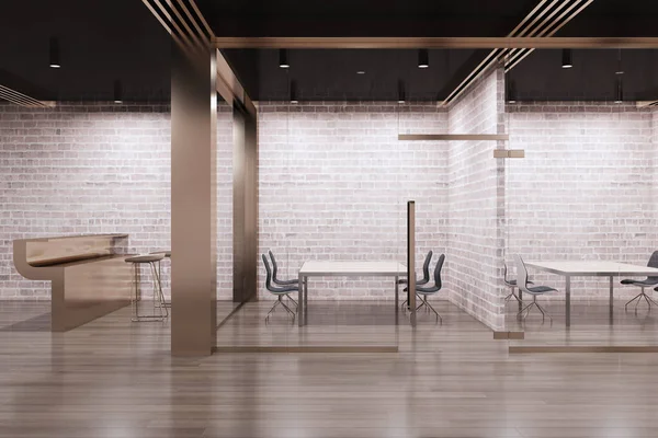 현대식 사무실에 리셉션 데스크 나무로 바닥재 가구가 컨셉이야 렌더링 — 스톡 사진