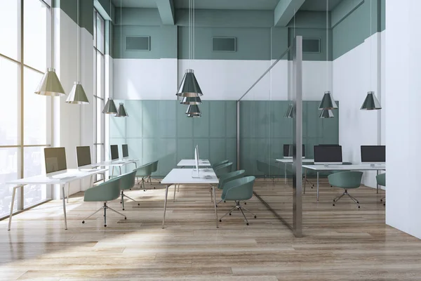 Moderno Divisorio Vetro Coworking Ufficio Interno Con Pavimenti Legno Finestra — Foto Stock