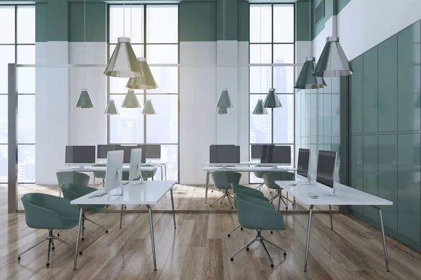 Partizione Contemporanea Vetro Coworking Ufficio Interno Con Pavimenti Legno Finestra — Foto Stock