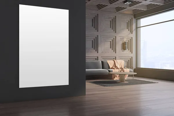 Moderno Accogliente Soggiorno Interno Con Vuoto Bianco Mock Banner Finestra — Foto Stock