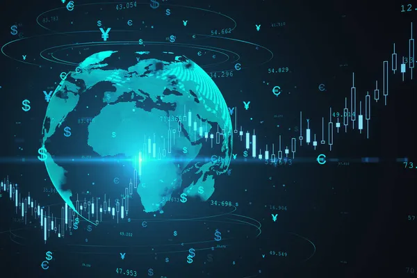 お金の記号と燭台グラフと創造的な地球のホログラム 世界貿易 通貨及び将来の概念 3Dレンダリング — ストック写真