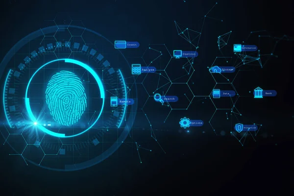 Interface Impressão Digital Criativa Fundo Escuro Biometria Conceito Segurança Renderização — Fotografia de Stock