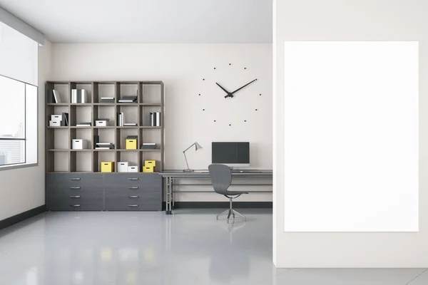 Intérieur Moderne Bureau Blanc Avec Affiche Maquette Vierge Sur Mur — Photo