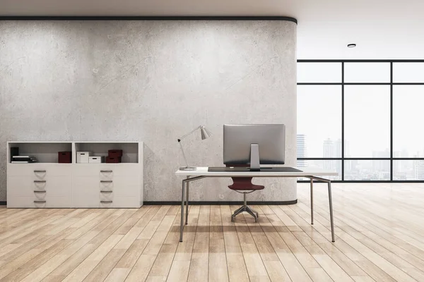 Moderno Interior Oficina Hormigón Con Escritorio Computadora Otros Muebles Objetos — Foto de Stock