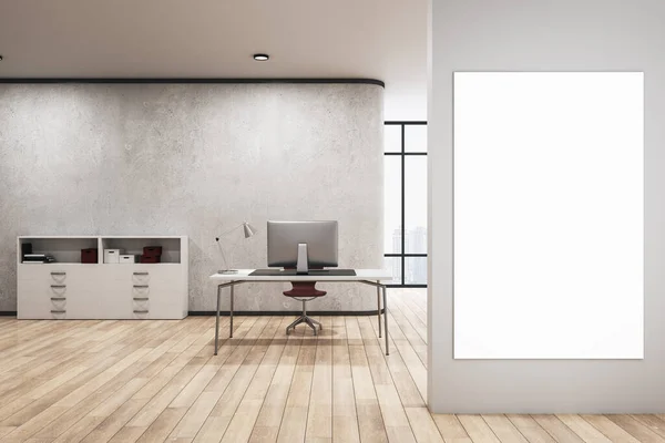 现代化的混凝土办公室内部 桌面上和电脑上的空的模拟海报 其他家具和物品 城市景观的窗户和木制地板 3D渲染 — 图库照片