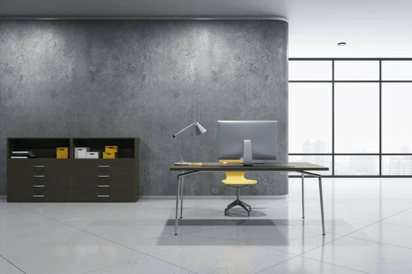 컴퓨터가 현대식 콘크리트 사무실 가구와 물건들 렌더링 — 스톡 사진