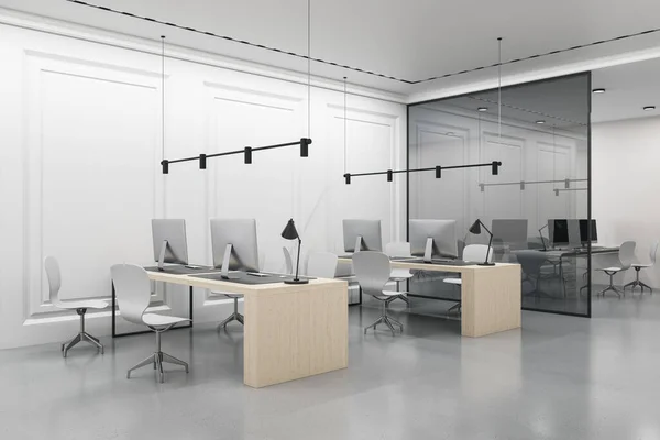 コンピュータ 装飾的な植物やガラスのパーティションと現代のコンクリートのコワーキング オフィスのインテリア 会議と職場の概念 3Dレンダリング — ストック写真