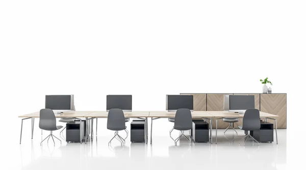 コンピュータ フロントデスク 木製の家具や床に反射と明るい白のコワーキング オフィスのインテリア 3Dレンダリングをモック — ストック写真