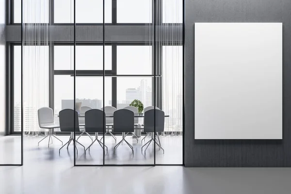 现代化的混凝土会议室办公室内部有空旷的模拟横幅 扶手椅 窗户与城市景观和日光 工作场所 法律和法律概念 3D渲染 — 图库照片