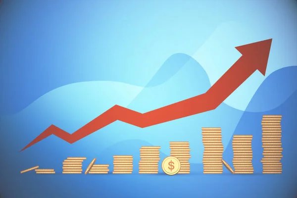 創造的な成長しているドルコインは矢印で青い背景に積み上げチャート 市場の概念 3Dレンダリング — ストック写真