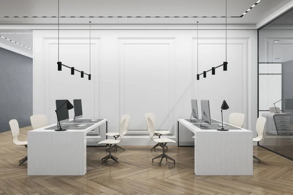 Luxury Coworking Office Interior Furniture Wooden Flooring Concrete Walls Equipment — Stock Photo, Image
