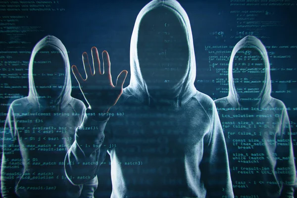 Creatief Beeld Van Een Groep Hackers Hoodies Staan Abstracte Donkere — Stockfoto