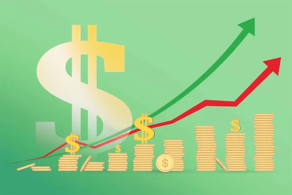 Gráfico Moedas Dólar Crescimento Abstrato Empilhado Fundo Verde Com Seta — Fotografia de Stock