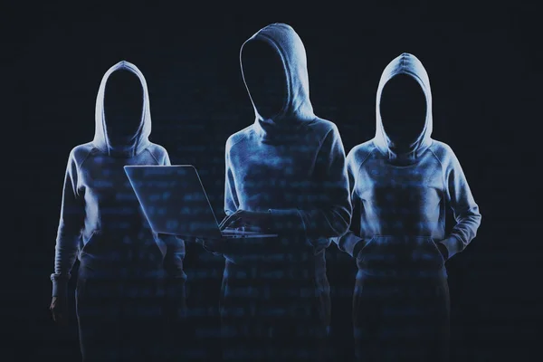 Creative Image Group Hackers Hoodies Standing Abstract Dark Coding Background — Stock Photo, Image