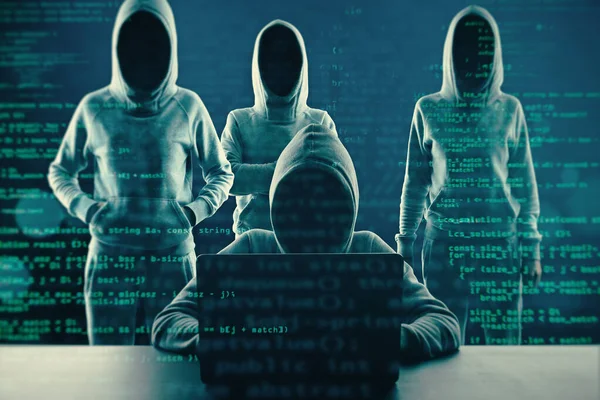 Obrázek Skupiny Hackerů Kapucích Stojící Abstraktním Tmavém Kódovacím Pozadí Malware — Stock fotografie