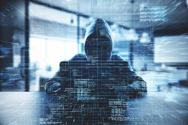 Hacker Alla Scrivania Utilizzando Computer Con Creativa Interfaccia Codifica Dei — Foto Stock