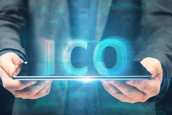 Close Business Man Hand Holding Tablet Creative Glowing Ico Hologram — Stock Photo, Image