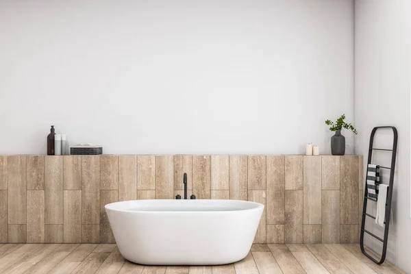 现代混凝土和木制豪华浴室内部与空旷的模拟空间和各种物品 酒店和豪华住宅的概念 3D渲染 — 图库照片