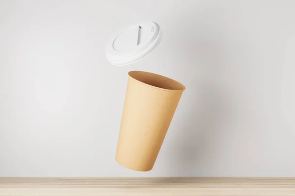空の黄色の白い背景と木製の表面にコーヒーカップを奪う 広告とモックアップの概念 3Dレンダリング — ストック写真