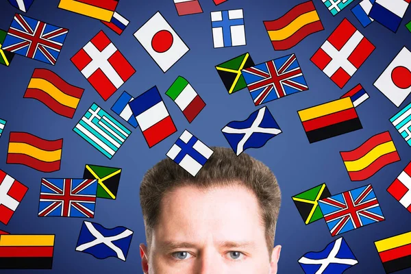 Половина Портрета Привлекательного Молодого Европейского Бизнесмена Абстрактными Красочными Рисунками Флагов — стоковое фото