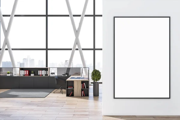 现代木制和混凝土工作间室内 白色墙壁 全景窗框和模糊的城市景观及设备上的空的模拟海报 3D渲染 — 图库照片