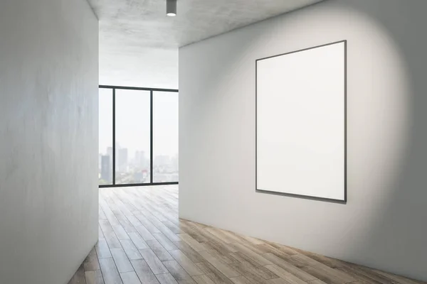 Modern gallery interior with mock up poster on white concrete wall, wooden flooring and window with city view. Museum or apartment concept. 3D Rendering