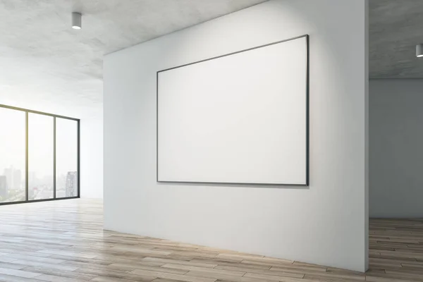 Modern gallery interior with mock up frame on white concrete wall, wooden flooring and window with city view. Museum or apartment concept. 3D Rendering