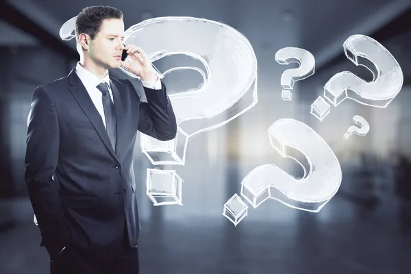 Attractive Young European Businessman Talking Phone Abstract Question Marks Sketch — Stock Photo, Image