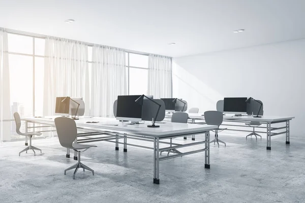 Modern Concrete Coworking Office Interior Furniture Equipment Daylight Technology Workplace — Stock Photo, Image