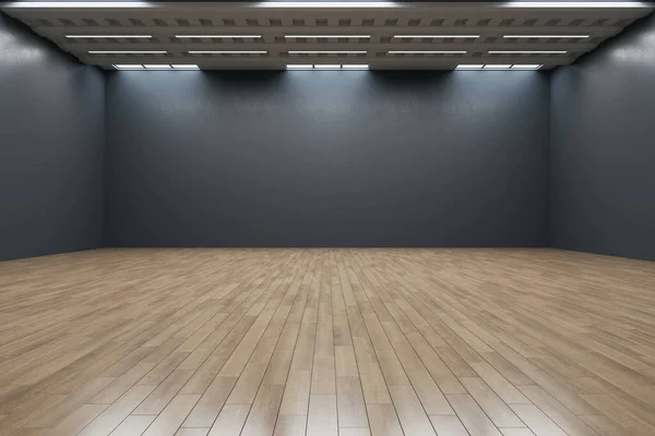 モックアップの場所と木製の寄木細工の床に反射と空の暗い黒い壁のギャラリーのインテリアをきれいにします アート 美術館 展覧会のコンセプト 3Dレンダリング — ストック写真