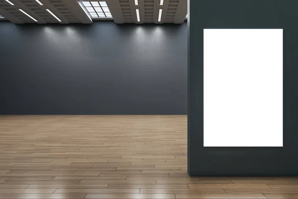 现代空旷的黑色墙壁画廊内部 白色的模型框架和反映在木制木地板上 没有人 博物馆和展览的概念 3D渲染 — 图库照片