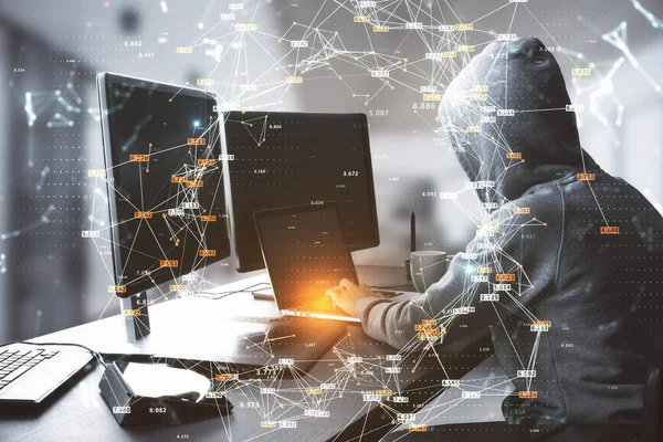 Masadaki Bilgisayar Korsanı Bulanık Plan Üzerinde Büyük Veri Bağlantıları Olan — Stok fotoğraf