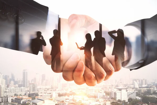Creative Handshake Creative City Background Businesspeople Toning Teamwork Success Concept — Stock Photo, Image