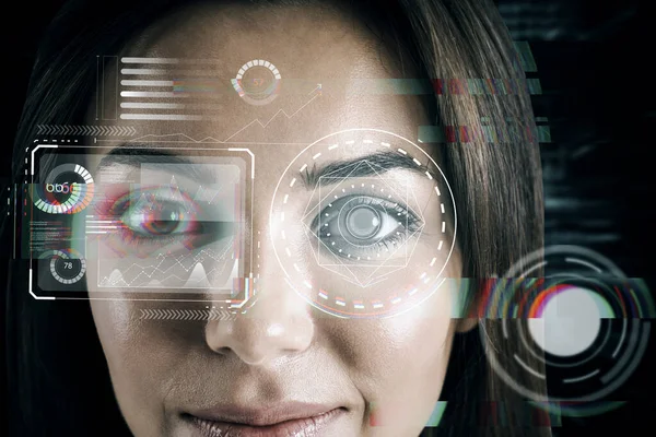 Close Portrait Businesswoman Creative Eye Scanning Interface Hud Screen Dark — Stock Photo, Image