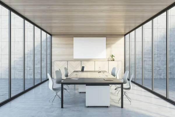 现代的木制和混凝土会议室内部有全景玻璃窗 桌子上有设备 墙上有空白的白色模拟海报 3D渲染 — 图库照片