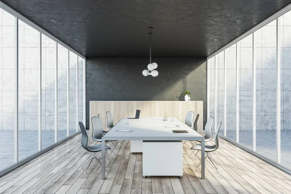Interior Brilhante Sala Reunião Madeira Concreto Com Janelas Vidro Panorâmico — Fotografia de Stock