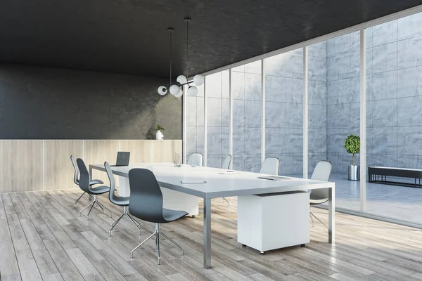 Sala Reunião Contemporânea Madeira Concreto Interior Com Janelas Vidro Panorâmico — Fotografia de Stock