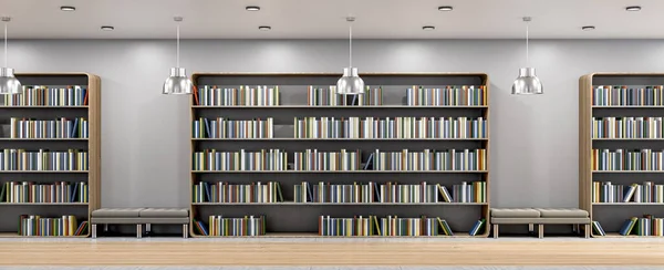 Breed Bibliotheekinterieur Met Boekenkast Houten Vloer Bank Opbouwplaats Aan Muur — Stockfoto
