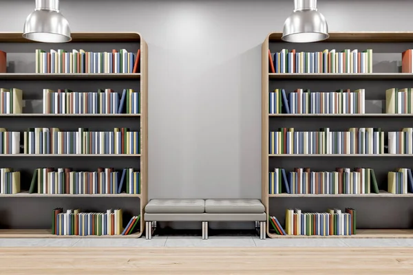 Modernes Bibliotheksinterieur Mit Bücherregal Holzboden Bank Und Attrappe Der Wand — Stockfoto